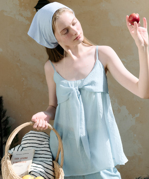 SHIRRING RIBBON SLEEVELESS BLUE