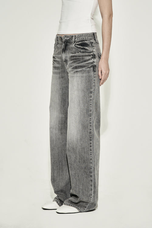 STRAIGHT CAT WASHING DENIM PANTS GRAY