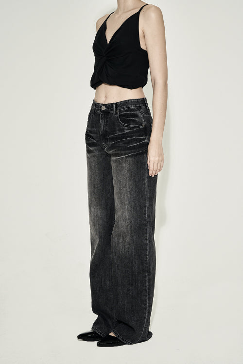 STRAIGHT CAT WASHING DENIM PANTS BLACK