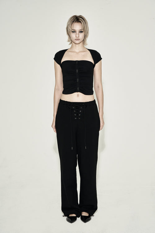 SHIRRING BUTTON SHORT SLEEVE BLACK