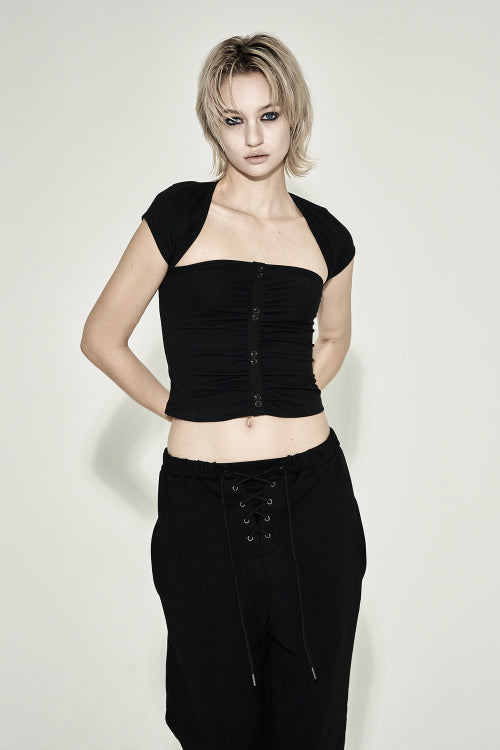 SHIRRING BUTTON SHORT SLEEVE BLACK