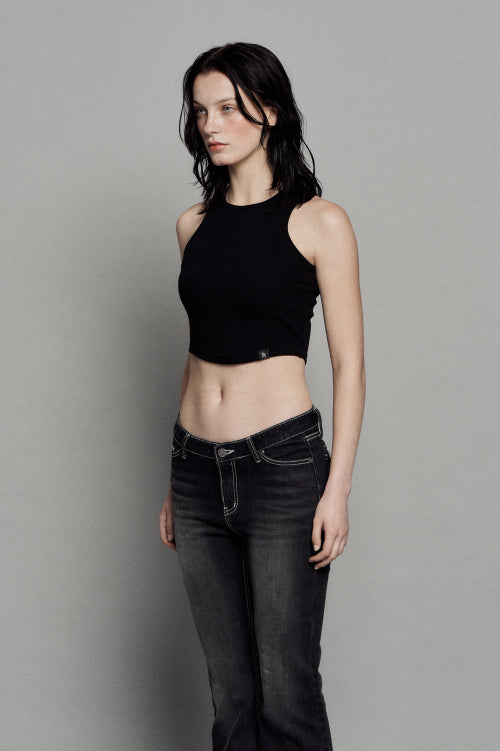 PLAIN RIB SLEEVELESS CROP TOP BLACK