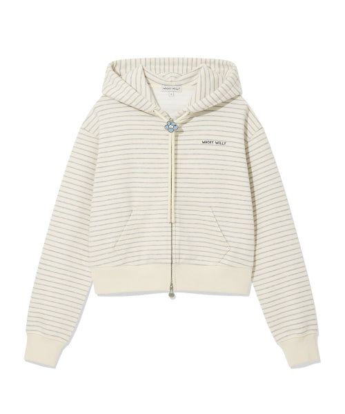 Women's Stripe Crop Hooded Zip-Up Cream