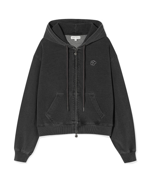 Women's denim washing cropped hooded zip-up gray