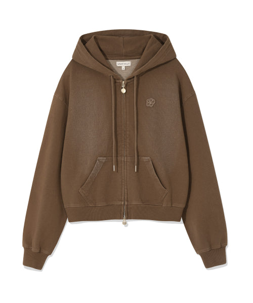 Women's denim washing cropped hooded zip-up brown