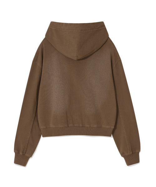 Women's denim washing cropped hooded zip-up brown
