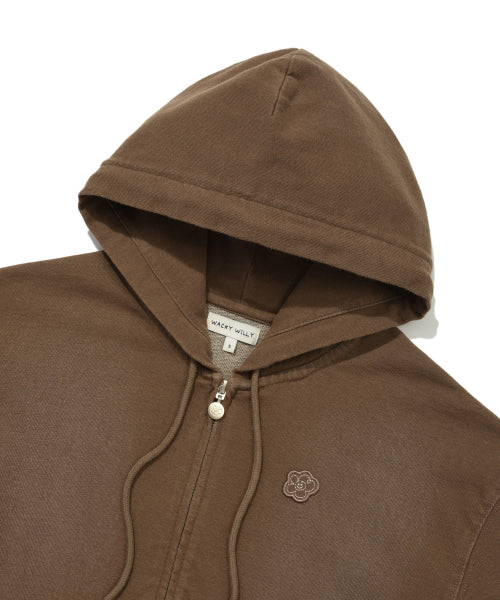 Women's denim washing cropped hooded zip-up brown