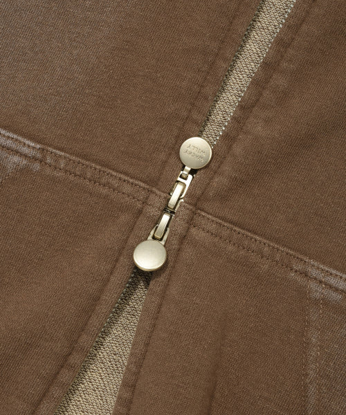 Women's denim washing cropped hooded zip-up brown