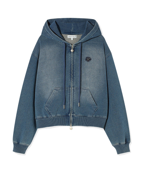 Women's denim washing cropped hooded zip-up blue