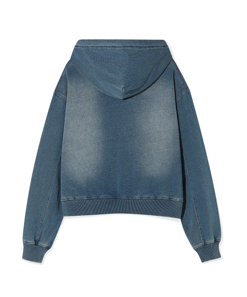 Women's denim washing cropped hooded zip-up blue