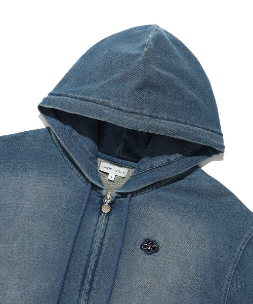 Women's denim washing cropped hooded zip-up blue