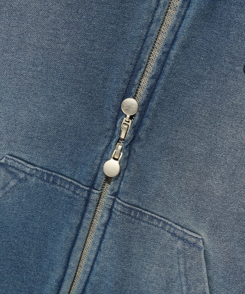Women's denim washing cropped hooded zip-up blue