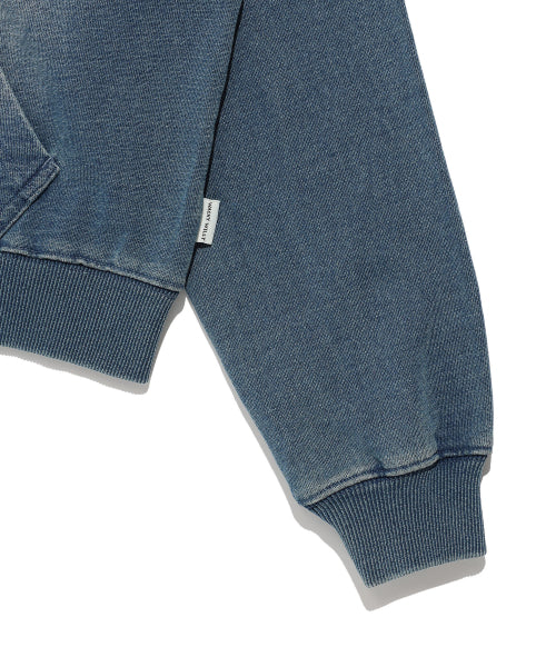 Women's denim washing cropped hooded zip-up blue