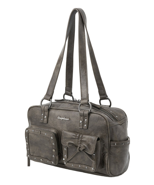Stud Washed Leather Shoulder Bag [BROWN]