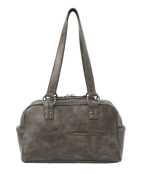 Stud Washed Leather Shoulder Bag [BROWN]