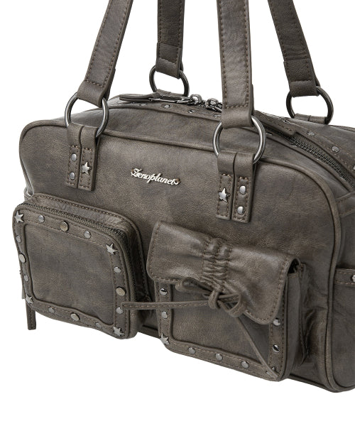 Stud Washed Leather Shoulder Bag [BROWN]