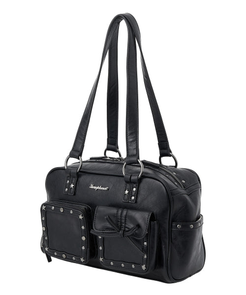 Stud Washed Leather Shoulder Bag [BLACK]