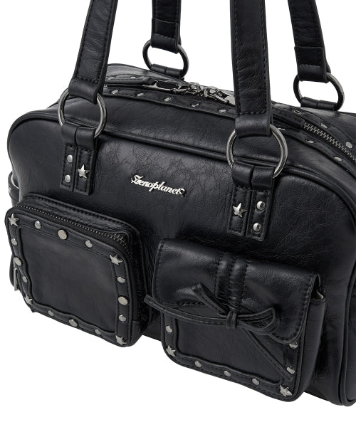 Stud Washed Leather Shoulder Bag [BLACK]