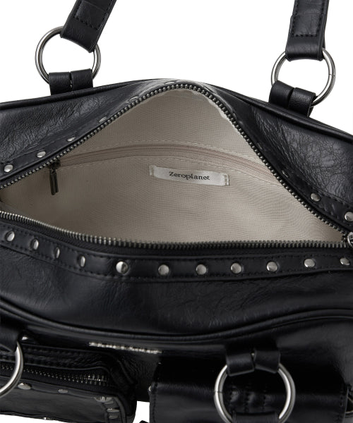 Stud Washed Leather Shoulder Bag [BLACK]