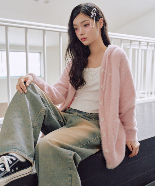 Ella Hairy Hooded Cardigan [PINK]