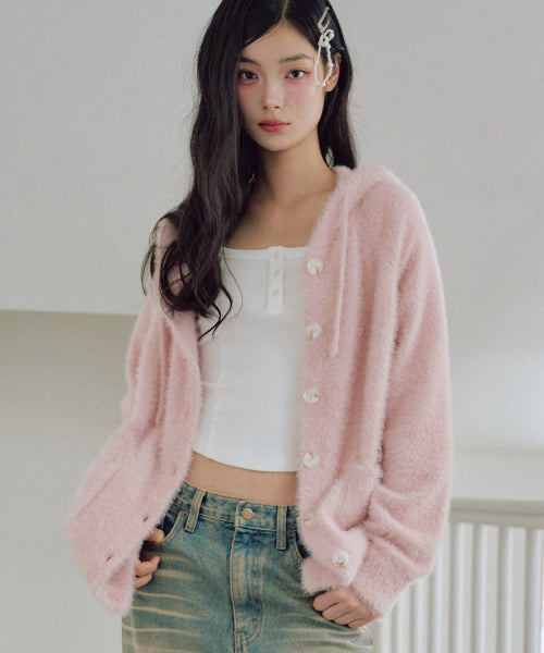 Ella Hairy Hooded Cardigan [PINK]
