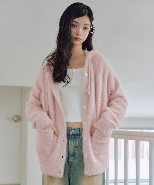 Ella Hairy Hooded Cardigan [PINK]