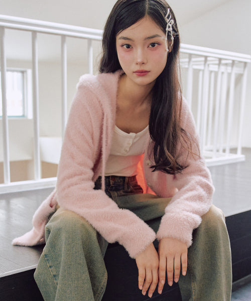 Ella Hairy Hooded Cardigan [PINK]