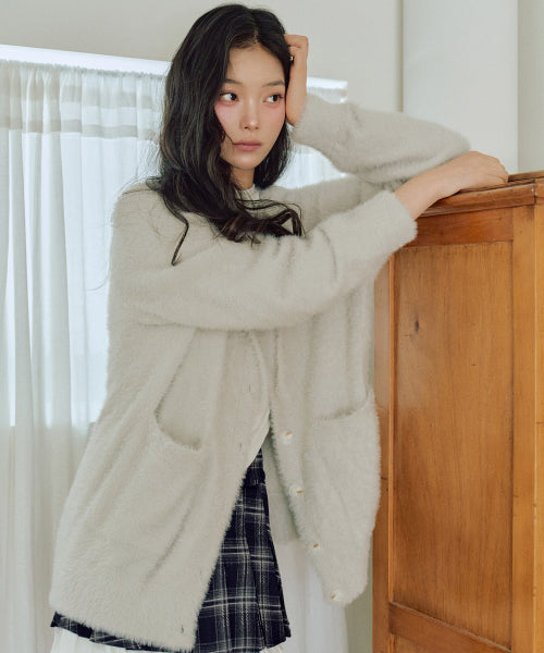 Ella Hairy Hooded Cardigan [LIGHT GREY]