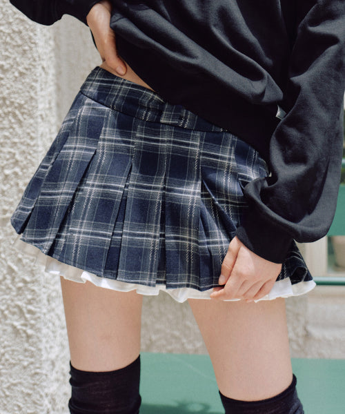 Julia Checkered Pleated Skirt Pants [NAVY]