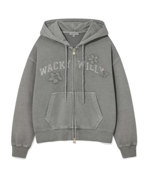 Women's Pigment Washing Applique Hooded Zip-Up Light Gray