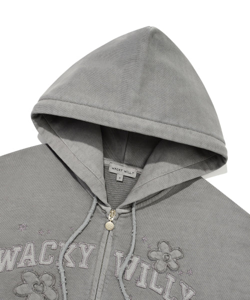 Women's Pigment Washing Applique Hooded Zip-Up Light Gray