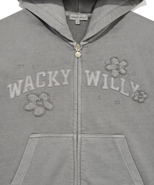 Women's Pigment Washing Applique Hooded Zip-Up Light Gray