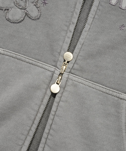 Women's Pigment Washing Applique Hooded Zip-Up Light Gray
