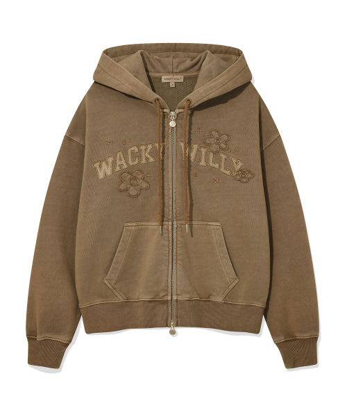 Women's Pigment Washing Applique Hooded Zip-Up Brown