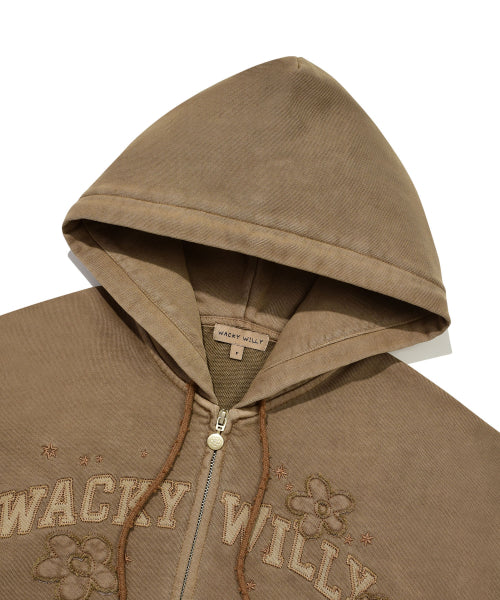 Women's Pigment Washing Applique Hooded Zip-Up Brown