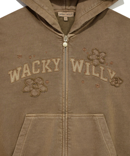 Women's Pigment Washing Applique Hooded Zip-Up Brown