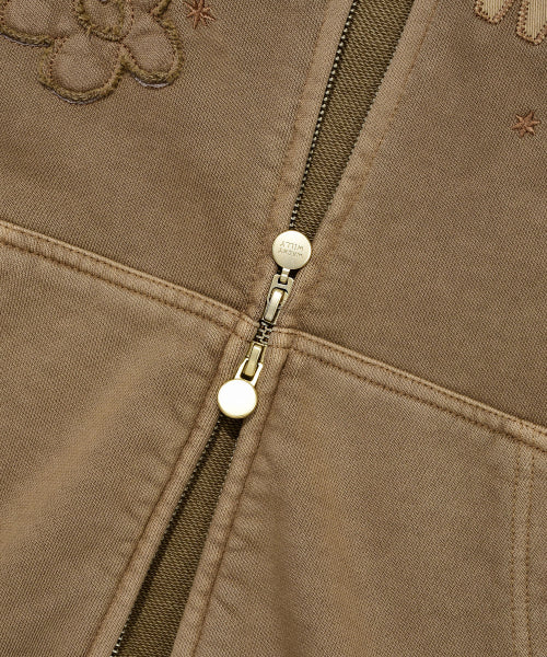 Women's Pigment Washing Applique Hooded Zip-Up Brown