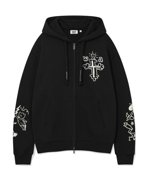 graffiti graphic hood zip-up black