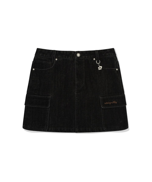 Women's velvet denim cargo miniskirt black