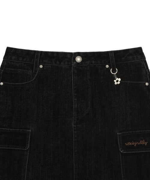 Women's velvet denim cargo miniskirt black