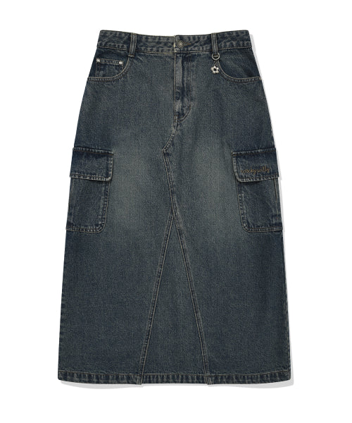 Women's denim long cargo skirt blue