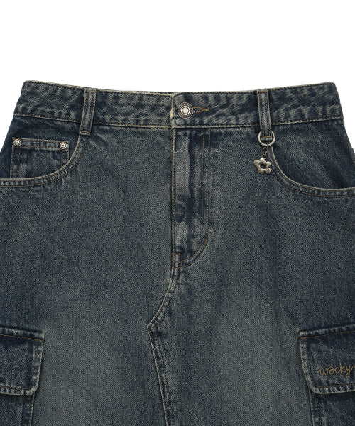 Women's denim long cargo skirt blue