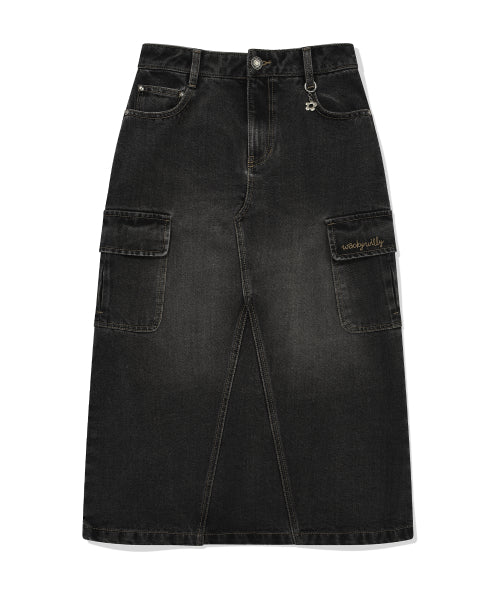 Women's denim long cargo skirt black