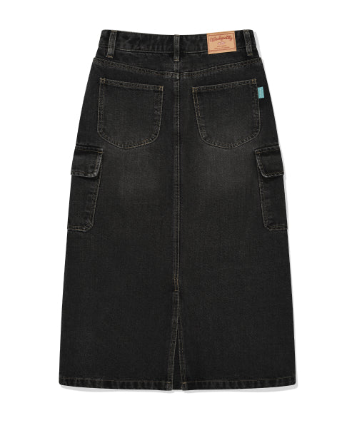 Women's denim long cargo skirt black