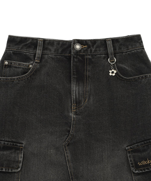 Women's denim long cargo skirt black