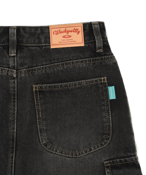 Women's denim long cargo skirt black