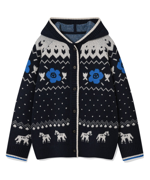 Women's Nordic Patterned Hooded Cardigan Navy