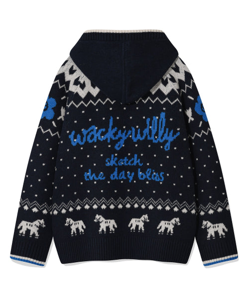 Women's Nordic Patterned Hooded Cardigan Navy