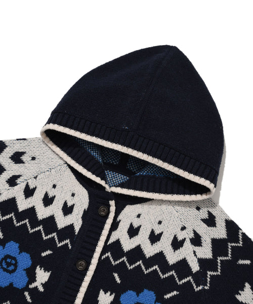 Women's Nordic Patterned Hooded Cardigan Navy