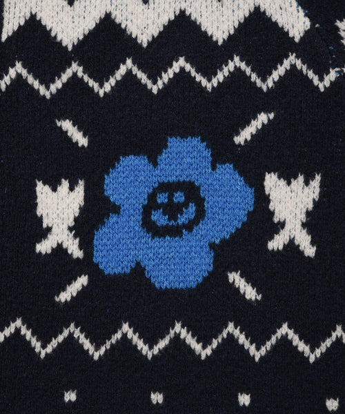 Women's Nordic Patterned Hooded Cardigan Navy